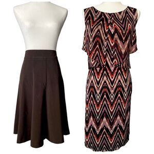 Womens Dressbarn Brown Flare Skirt Chevron Sleeveless Dress Knee Length Size 12